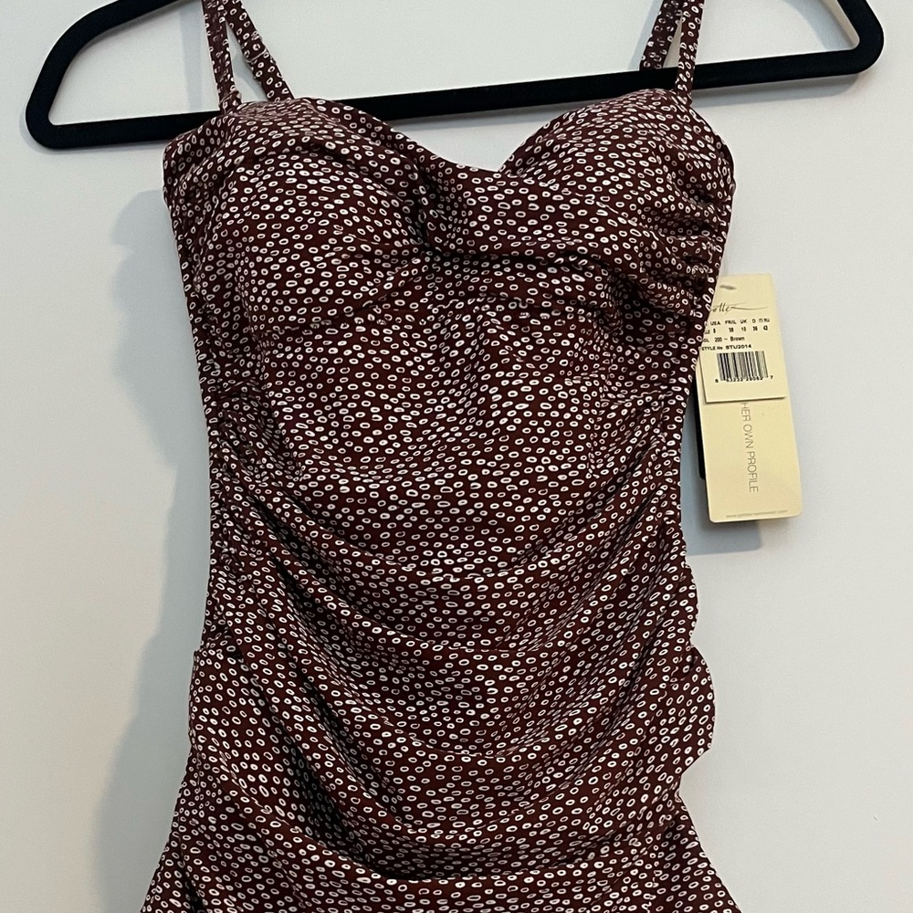 Extra cute Rusty Brown and White Ruched Bathing Suit with Ruffle bottom